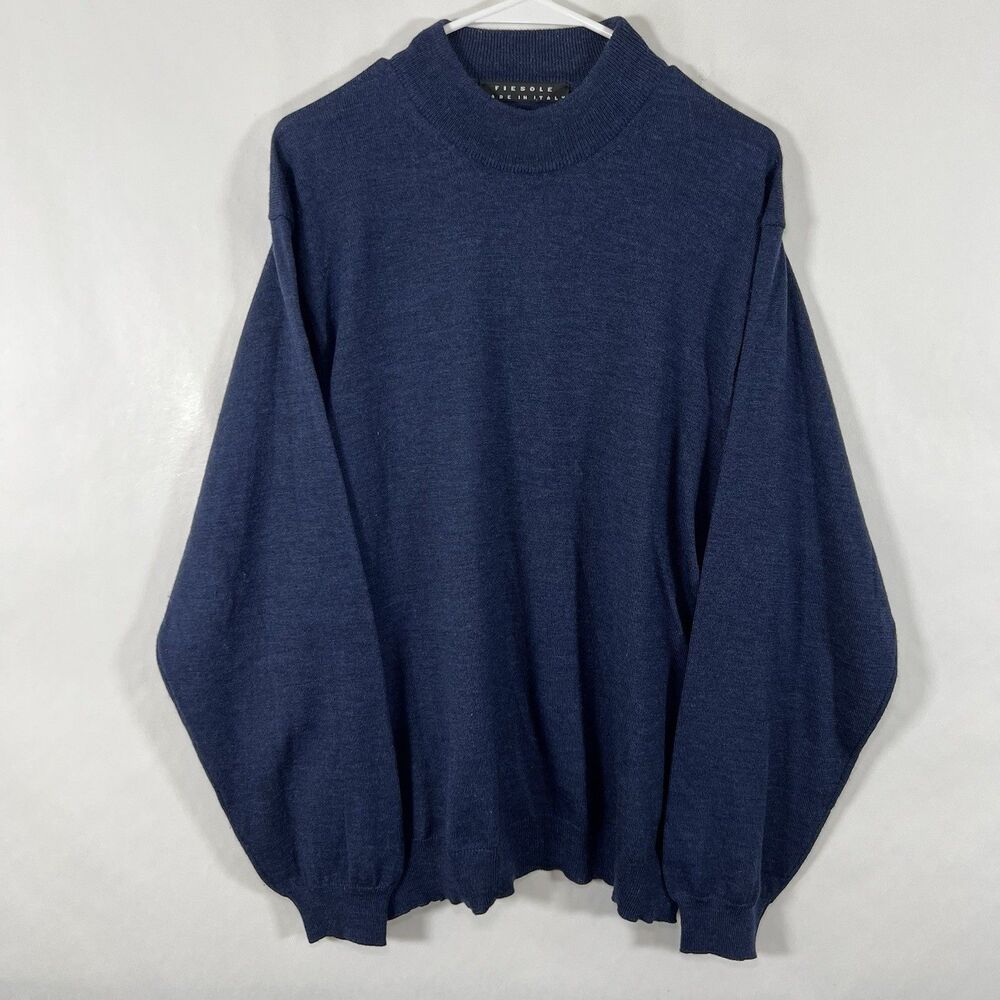 Fiesole Mock Neck 100% Fine Merino Wool Sweater Mens Large Navy Made In Italy